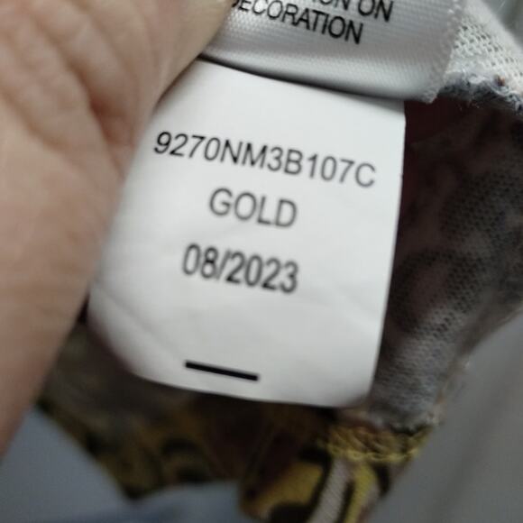 One World Women's Size Large Abstract Gold Yellow V-Neck Asymmetric Hem Top - Picture 7 of 7